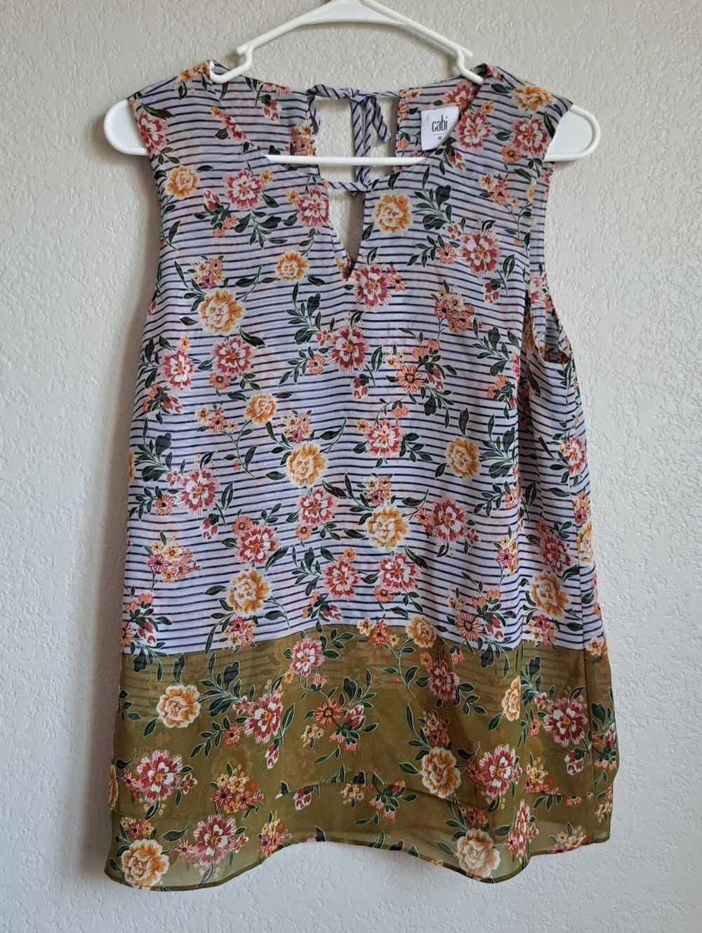 Cabi Penelope Flora Striped Tank Top Chiffon Floral Size Medium